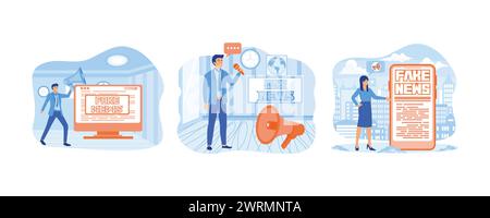 Hören Sie auf Fake News. Irreführende Informationen. Massenmedien, heiße Online-Informationen, Propagandanachrichten. Moderne Illustration des flachen Vektors festlegen Stock Vektor