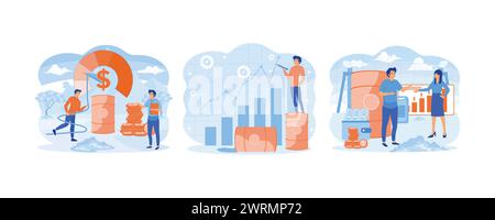 Ölpreiswachstum und -Management. Geschäftsmann-Händler, der auf einem Stapel Ölgallone steht. Ölpreis steigt. Moderne Illustration des flachen Vektors festlegen Stock Vektor