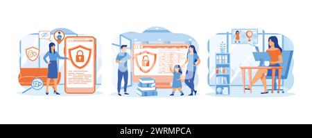 Kindersicherungssoftware. Dad und Mom blockieren verbotene oder unangemessene Inhalte in sozialen Medien. Kindersicherung. Set Flat Vector modern illustr Stock Vektor
