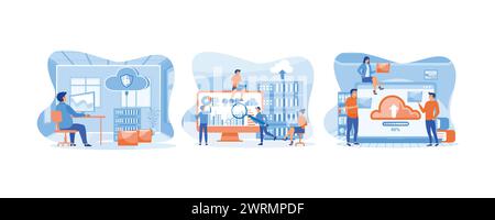Speicher- und Cloud-Server-Service für Unternehmenstechnologie. Entwicklerteam, das am Dashboard-Monitor arbeitet. Informationsaustausch im Internet. Legen Sie den flachen Vektor m fest Stock Vektor