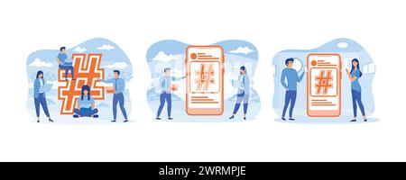 Hashtag-Konzept. Posts senden und in sozialen Medien teilen. Junge Menschen, die soziale Medien, Websites und Smartphone-Anwendungen nutzen. Legen Sie den Flachvekt fest Stock Vektor