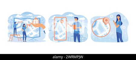 Gefalteter Stadtplan. Mann, der die Karten-App auf dem Handy benutzt. Millennial und Geräte. Moderne Illustration des flachen Vektors festlegen Stock Vektor