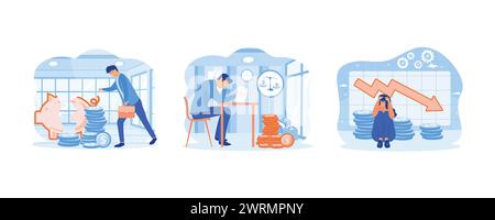 Trauriger Geschäftsmann mit kaputter Schweinebank. Insolvenzgeschäft. Gescheiterter, gestresster Geschäftsmann verlor Geld aus dem Aktienhandel. Set Flat Vector modern illustr Stock Vektor