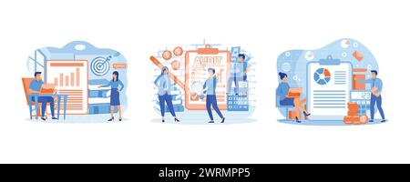 Auditkonzept. Forschung und Analyse des Geschäftsbetriebs. Finanzkontrolle. Moderne Illustration des flachen Vektors festlegen Stock Vektor