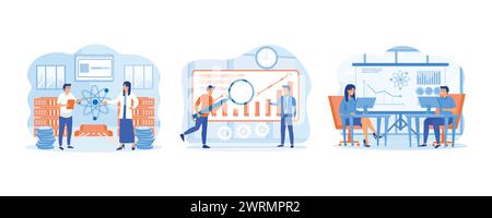 Data Science-Konzept. Personalanalyse Verarbeitung und Bereitstellung von Daten Forschung. Visualizer und Analyst, die an einem Projekt arbeiten. Legen Sie den flachen Vektor modern i fest Stock Vektor