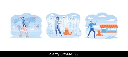 Geschäftsfrau steht und kauft ein Franchise. Konzept der Wirtschaft, Franchising, Bizopp, Vertrieb. Moderne Illustration des flachen Vektors festlegen Stock Vektor