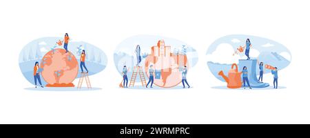Die Leute kümmern sich um die Planetenökologie. Weltumwelttag. Gärtner kümmern sich um den Garten. Moderne Illustration des flachen Vektors festlegen Stock Vektor