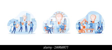 Brainstorming-Konzept. Online-Assistent bei der Arbeit. Neue Lösungen finden, Ideen generieren und generieren. Moderne Illustration des flachen Vektors festlegen Stock Vektor