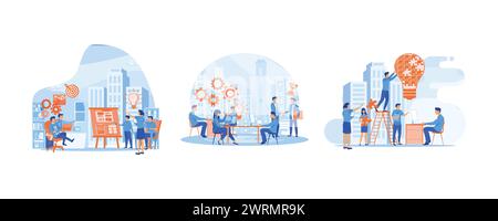 Karrierefortschritt. Online-Assistent bei der Arbeit. Zusammenarbeit im Unternehmen, Brainstorming. Moderne Illustration des flachen Vektors festlegen Stock Vektor