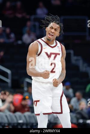 13. März 2024: Virginia Tech Hokies Guard (2) MJ Collins feiert einen Korb während eines ACC Men's Basketball Turniers zwischen den Virginia Tech Hokies und den Florida State Seminoles in der Capital One Arena in Washington, DC Justin Cooper/CSM Stockfoto