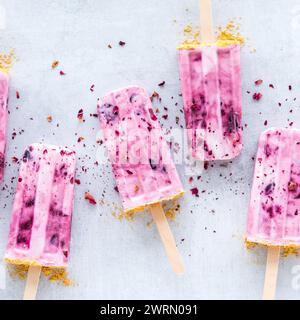 Hausgemachte Kirschjoghurtpops mit getrockneten Rosenblättern darüber. Stockfoto