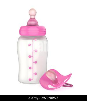 Babymilchflasche und Schnuller auf weißem Hintergrund Stockfoto