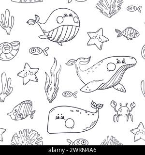 Nahtloses Muster mit Walen, Fischen und Algen. Vektorillustration auf weißem Hintergrund mit Meerestieren Stock Vektor
