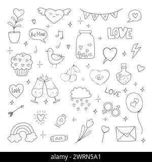 Set aus romantischen Vektorsymbolen im Doodle-Design. Hochzeitselemente, Herzen, romantische Ikonen. Stock Vektor