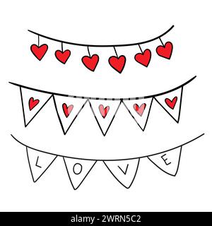 Alles Gute zum Valentinstag. Handzeichnung Vektor Illustration Kritzelstil. Set von Bannern Flaggen mit Herzen und der Aufschrift Liebe. Stock Vektor