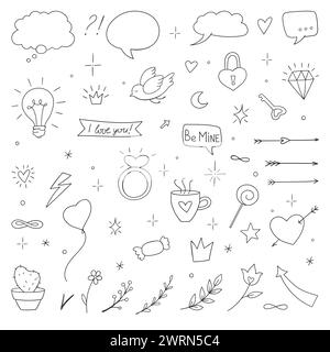 Valentinstag Line Art Doodles Kollektion. Liebe Clipart, Pfeile, Text, Ringe, Buchstaben, Blumen, Süßigkeiten. Stock Vektor