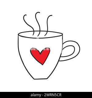 Illustration einer Tasse mit heißem Tee. Umrisszeichnung. Hand gezeichnete Tasse mit Herz Vektor Clipart. Handgezeichnete Umrisszeichnung Stock Vektor