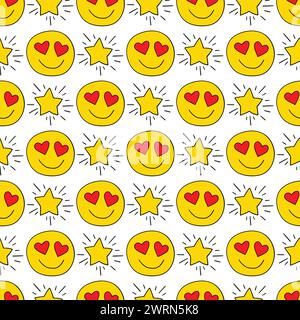 Nahtloses Muster mit Liebesemoticons und Sternen. Romantisches, nahtloses Muster mit Doodle-Effekt. Design für modischen Textildruck, Verpackung Stock Vektor