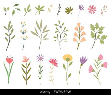 Doodle Design-Elemente. Ein Set aus Zweigen und Blumen zur Dekoration. Isoliert auf weißem Hintergrund. Stock Vektor