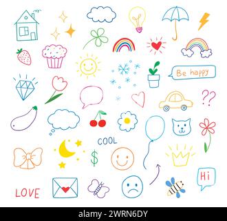 Handgezeichneter farbiger Satz einfacher dekorativer Elemente. Stock Vektor