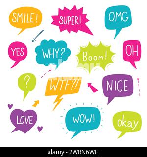 Handgezeichneter Hintergrund mit niedlicher Sprechblase mit Text im Doodle-Stil Stock Vektor