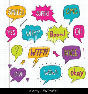Niedliches Doodle-Set mit Sprechblase. Set aus bunten Kritzeleien auf Papierhintergrund Stock Vektor