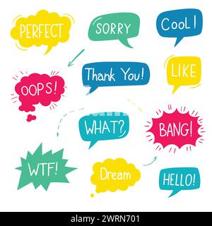 Handgezeichneter Satz farbenfroher Sprechblasen mit Dialogwörtern Stock Vektor
