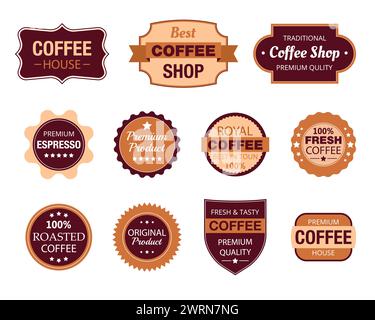 Kaffeerahmen und Etiketten im alten Stil. Set mit Retro Vintage Kaffeeetiketten Stock Vektor