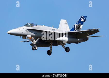 Radom, Polen - 24. August 2023: Finnische Luftwaffe Boeing F-18 Hornet Jagdflugzeug fliegen. Luftfahrt- und Militärflugzeuge. Stockfoto