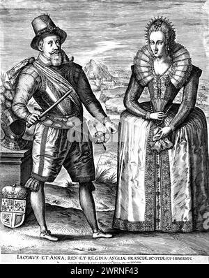 James I. und VI. Mit seiner Gemahlin Anne von Dänemark. König von England und Schottland, Vintage-Stich von Hironymus Wierix, ca. 1600er Jahre Stockfoto