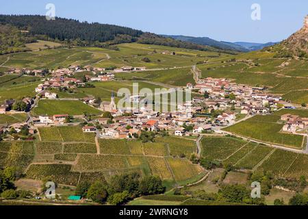 Village de Vergisson, au milieux des vignes de l’appellation Pouilly-Fuissé, en Bourgogne Stockfoto