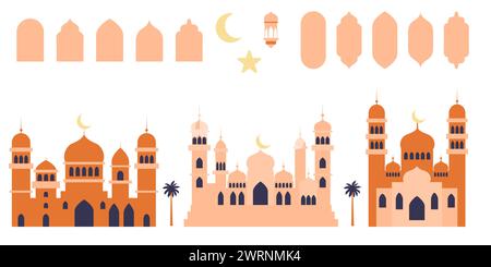 Set aus Designelementen der islamischen Religion wie Fenster und Bögen, Moschee, Sterne, Mond, Laterne. Modernes flaches Clipart für Vorlagen, Banner, Flyer Stock Vektor
