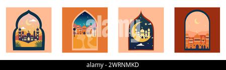 Set aus islamischen Fenstern und Bögen mit Mond, Moschee Kuppel und Sternen. Wüstenlandschaft im orientalischen Stil, Ramadan-Monat, modernes Boho-Design. Stock Vektor
