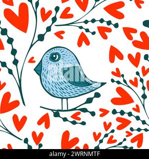 Herzen mit nahtlosem Vogelmuster. Romantischer, nahtloser Hintergrund. Handzeichnung. Nicht AI. Alles Gute zum Valentinstag. Vektorabbildung. Stock Vektor