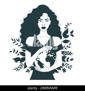 Minimalistische Flachbild-Illustration zeigt eine afrikanische Frau, die die Erde hält. Stock Vektor