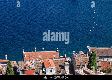 Rovinj: Küste der Altstadt, Blick vom Glockenturm der Kirche St. Euphemia. Kroatien Stockfoto