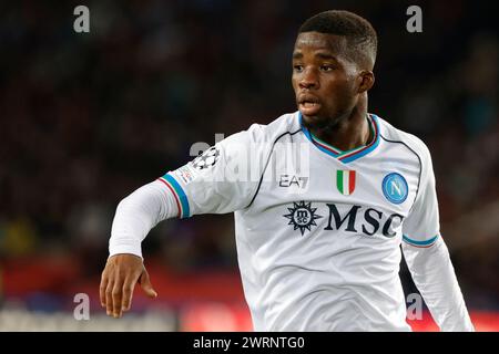 Barcellona, Neapel, SPANIEN. März 2024. Hamed Traore aus Neapel reagiert beim Achtelfinale der UEFA Champions League am 12. März 2023 im Estadio Olimpic Lluis Companys in Barcelona (Foto: © Ciro de Luca/ZUMA Press Wire) NUR ZUR REDAKTIONELLEN VERWENDUNG! Nicht für kommerzielle ZWECKE! Stockfoto