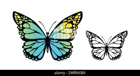 Lustige bunte Schmetterling. Flacher Vektor-Satz von detailreichen Schmetterlingen. Niedliche Charaktere. Karte, Postkarten für Kinder. Symbol „Silhouette“ Stock Vektor