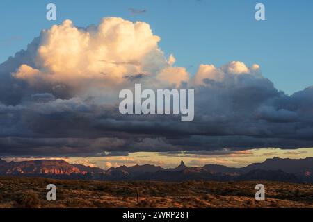 Blick auf die Weavers Needle bei Sonnenuntergang in den Superstition Mountains, Arizona Stockfoto