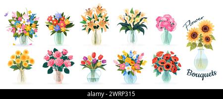 Set isolierter Blumensträuße in Vasen mit Blumen. Stock Vektor