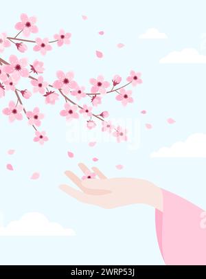 Eine weibliche Hand mit langem Arm, Handfläche oben, fängt fallende Blütenblätter unter einem blühenden Sakura-Zweig. Illustration des flachen Vektors Stock Vektor