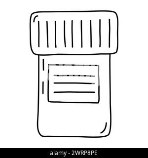 Plastikbehälter oder Glas mit Etikett für Medizin oder Pillen, Doodle-Stil flache Vektor-Umrissillustration für Kinder Malbuch Stock Vektor
