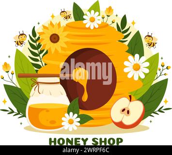 Honiggeschäft Vektor-Illustration mit einem natürlichen nützlichen Produkt Glas, Biene oder Waben, die in Flat Cartoon Hintergrund Design verbraucht werden Stock Vektor
