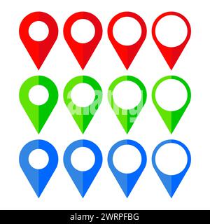 Mehrfarbige Kartenzeigersymbole auf weißem Hintergrund. Vektorabbildung. EPS 10. Stock Vektor