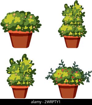 Vier Vektor-Illustrationen von üppigen Topfpflanzen Stock Vektor