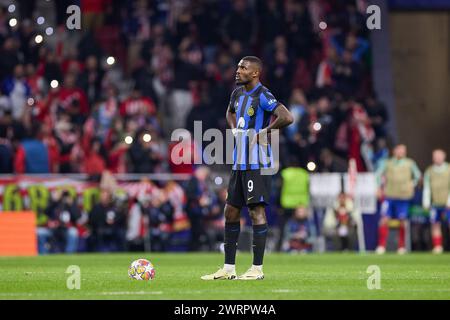 Madrid, Spanien. März 2024. Marcus Thuram vom FC Internazionale Milano im Achtelfinale der UEFA Champions League 2023/24 zwischen Atletico Madrid und Inter im Civitas Metropolitano Stadium. Atletico Madrid gewinnt im Elfmeterschießen 3:2. Quelle: SOPA Images Limited/Alamy Live News Stockfoto