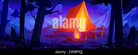 Campingplatz mit Zelt auf Holzterrasse mit hellem Licht innen und Flamme im Lagerfeuer im Wald in der Nähe der Berge bei Nacht. Cartoon-Vektor-Sommerlandschaft für Outdoor-Abenteuer-Konzept. Stock Vektor