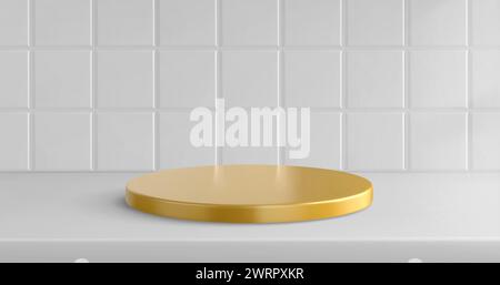 Küche oder Bad mit Fliesen im Hintergrund und goldenem Podium. Weiße 3D-Regal- oder Tischszene zur Produktanzeige auf Keramiktextur. Goldene Zylinderplattform im Toilettenraum oder realistische Arbeitsplatte. Stock Vektor