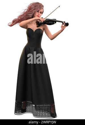 Geigenspielerin im langen schwarzen Kleid, 3D-Illustration. Stockfoto