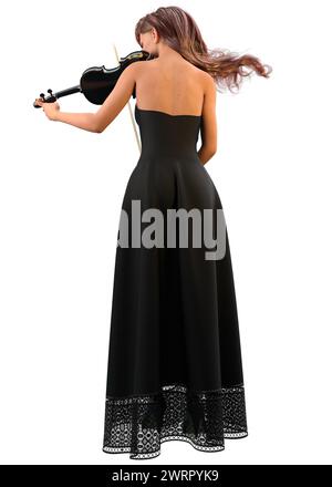 Geigenspielerin im langen schwarzen Kleid, 3D-Illustration. Stockfoto